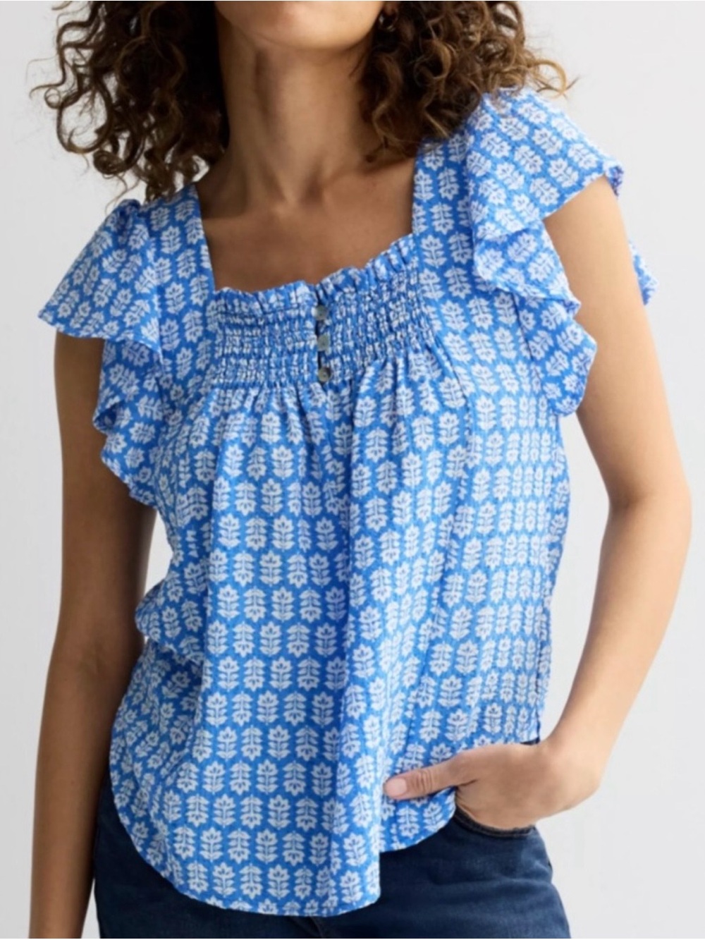 Draper James Light Blue Floral Flutter Sleeve Top